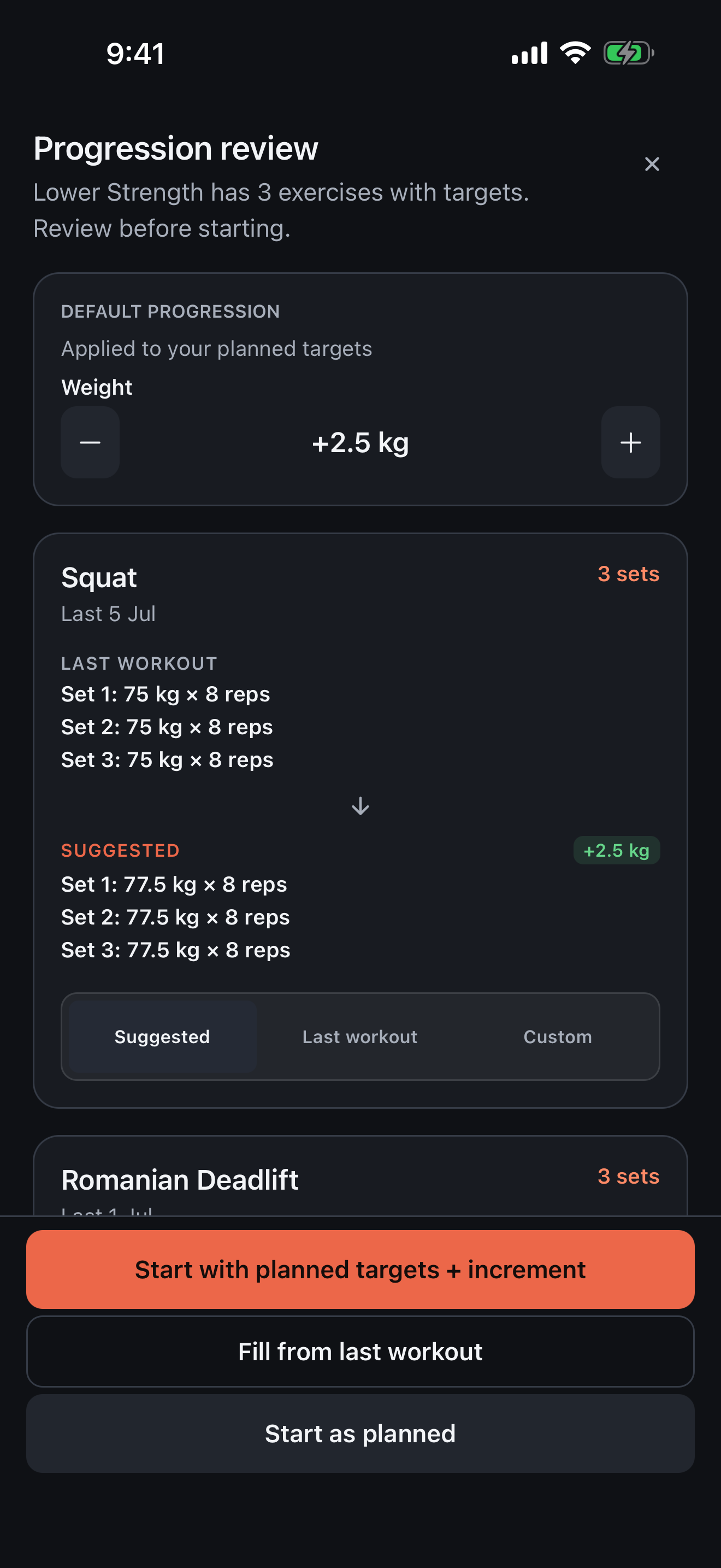 Train Swole session progression review with the last workout and next target