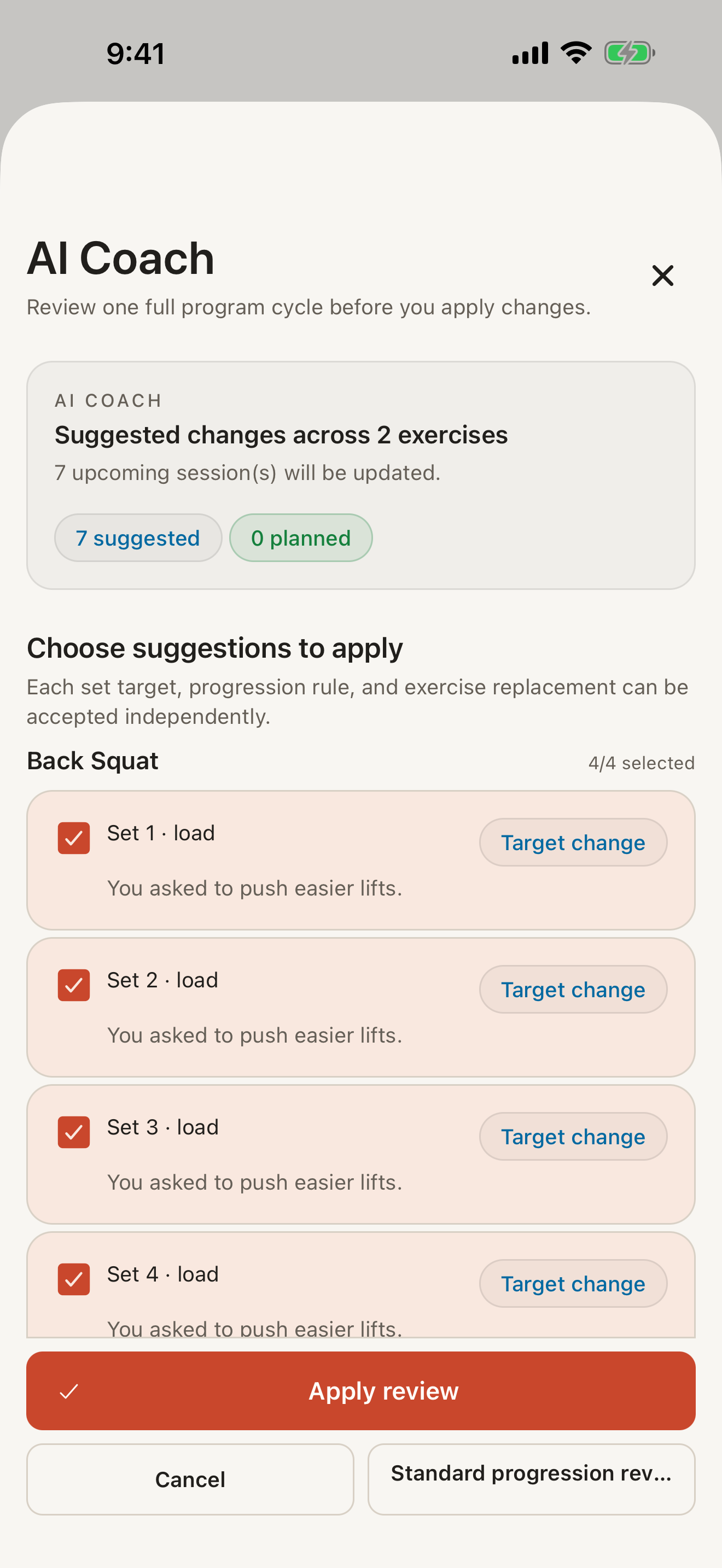 Train Swole AI Coach program review with selectable set-level suggestions